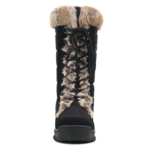 AUSLAND Women's Black Winter Snow Boots Twin Peaks Fur Cuff Mid-Calf Waterproof Lace Up Boots