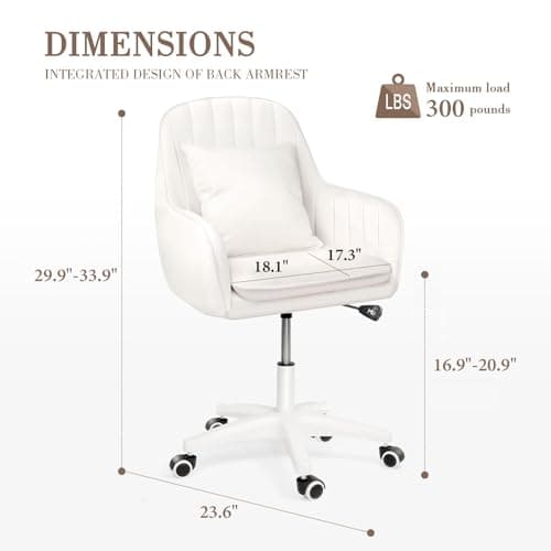 Mid Back Velvet Vanity Chair Swivel Rolling Desk Chair with Wheels, Modern Upholstered Makeup Chair for Women Girls, Computer Task Chair for Bedroom Living Room Office, White