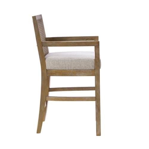 Madison Park Bar Stool with Rattan Back, Wood Counter Height Barstools, Farmhouse Stools with Open Arm Design, Mid-Century Modern Upholstered Bar Chair for Kitchen Island, 18.5" D x 18.5" W x 25.5" H