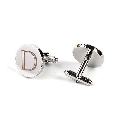 Mens Initial Silver Cufflinks A-Z Alphabet Letter Steel Cuff Links with Engraved Walnut Wood Box Groom Groomsman Wedding Set…