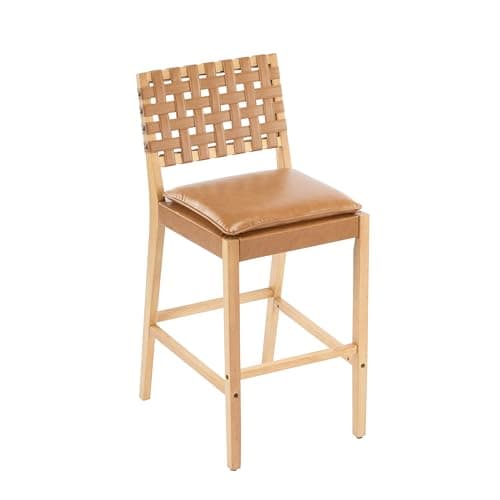Merax Rattan Counter Height Bar Stools with PU Cushion Set of 4, 29" Seat Height Counter Chairs with Solid Wood Frame & Rattan Backrest, Boho Style Barstools for Kitchen Island, Brown