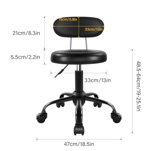 WKWKER Rolling Stool with Wheels Swivel Stool with Back Height Adjustable Chair PU Leather Rolling Chair Ideal for SPA Salon Home Office Drafting Work (Black)