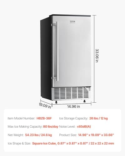VEVOR Under Counter Ice Maker, 80 Lbs/Day Stainless Steel Built-in Ice Makers Machine with Drain Pump Reversible Door, 26lbs Storage Freestanding Ice Maker for Commercial Home Kitchen