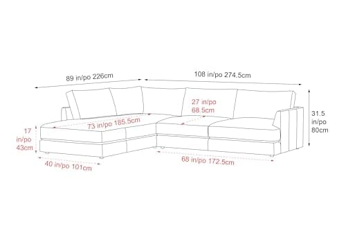 Valencia Serena 108" Full Leather Sectional Sofa with Left Bumper | Nappa 11000 Leather, Modern Low Profile Lounge Sofa | L Shaped Couch for Living Room Furniture,Cognac