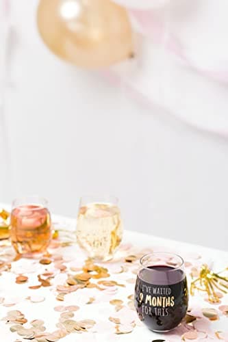 Pearhead I’ve Waited 9 Months For This Stemless Wine Glass, Perfect for Mother’s Day, Ideal Gift for Baby Shower, Post Pregnancy, New and Expecting Moms, Pink and Gold, 16 Oz