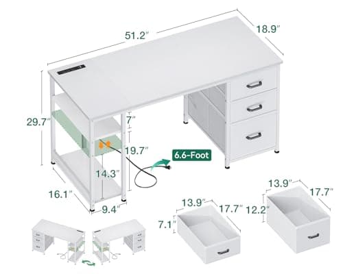 AODK 51 Inch Computer Desk with Drawers & USB Power Outlets - Reversible Home Office Desk with Storage Shelves, Work from Home, Modern Work/Writing/Study Table for Bedroom, White