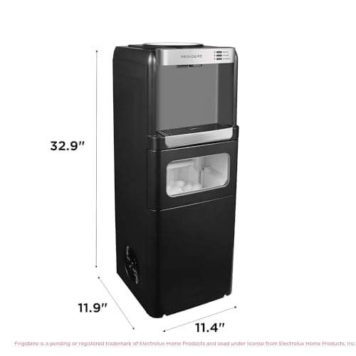 Frigidaire 3-in-1 Hot or Cold Top-Load Water Cooler Dispenser, 5 Gal Bottle, Built-in Bullet Ice Maker, Compact, Black