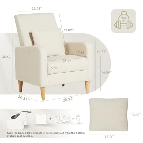 COLAMY Mid-Century Modern Upholstered Accent Chair with Back Pillow & Solid Wood Legs, Fabric Cozy Armchair for Living Room, Bedroom, Reading Nook, Apartment & Small Spaces, Beige