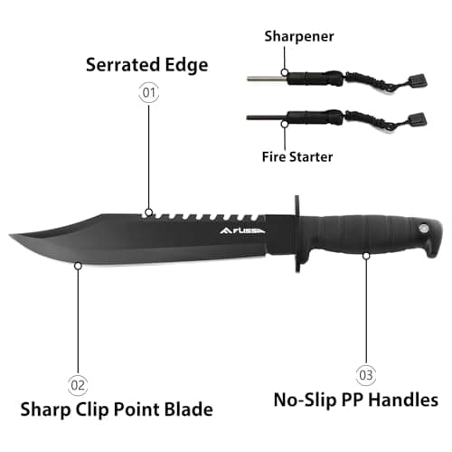 FLISSA Survival Hunting Knife with Sheath, 15-inch Full Tang Fixed Blade Tactical Bowie Knife with Sharpener & Fire Starter for Camping, Outdoor, Bushcraft