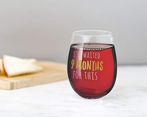 Pearhead I’ve Waited 9 Months For This Stemless Wine Glass, Perfect for Mother’s Day, Ideal Gift for Baby Shower, Post Pregnancy, New and Expecting Moms, Pink and Gold, 16 Oz