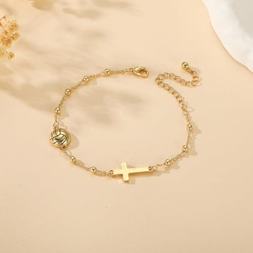 Softball/Volleyball/Soccer/Basketball Football Bracelet for Girls Women, 14K Gold Plated Cross Link Chain Sport Accessories Christian Jewelry Gifts for Teens Team Coach Players B0FSKVMR16