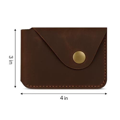 TheAntiq Brown Leather Card Holder Minimalist Wallet Handmade - Slim Credit Card Case with Button Closure - Compact Leather Card Case Holds Up to 4 Cards - Front Pocket Wallet for Men & Women