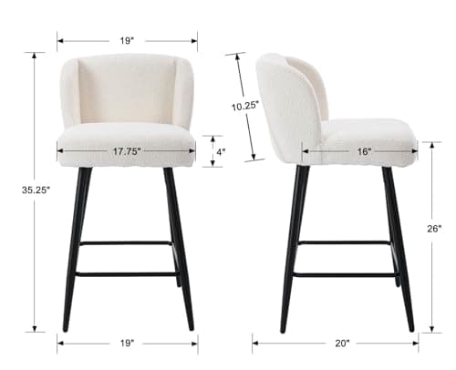 Modern Counter Height Bar Stools Set of 2, 26 Inch Faux Sherpa Upholstered Bar Stools with Back, 18" Seat Wide Island Stools with Black Metal Frame for Kitchen Counter/Breakfast Bar/Restaurant, White