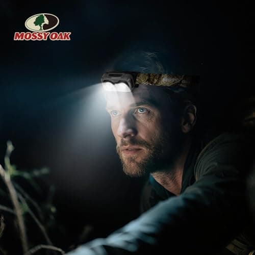 Mossy Oak 600 Lumens Rechargeable Headlamp, Lightweight LED Headlight with White & Red Light, Waterproof Head Lamp with Non-Slip Band, Dimmable & Memory Function for Hunting, Camping, Power Outage