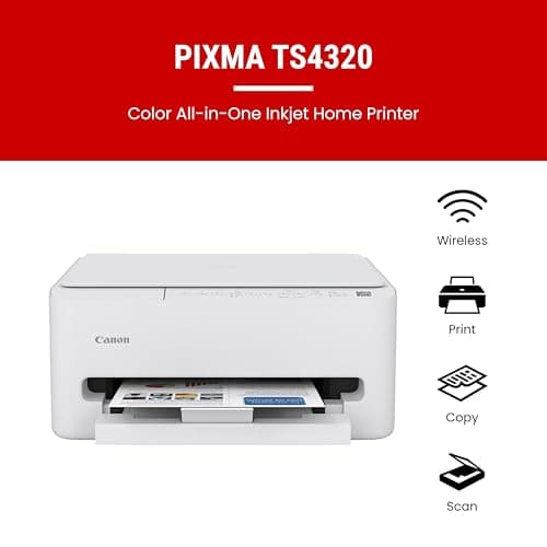 Canon PIXMA TS4320 Wireless Color Inkjet Printer for Duplex Printing, White – Cost Efficient Home Printer with Copier/Scanner, Compact Design, Easy Setup, 1 Year Limited Warranty