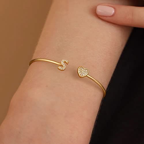Adjustable Open Cuff Bracelet, Dainty Letter Jewelry, Daughter Sister Bridesmaid Friend, Birthday Christmas Graduation Gift Gold Bracelets for Women Teen Girls, 14K Gold Plated Initial Heart Bangle B0BN2VW1K4