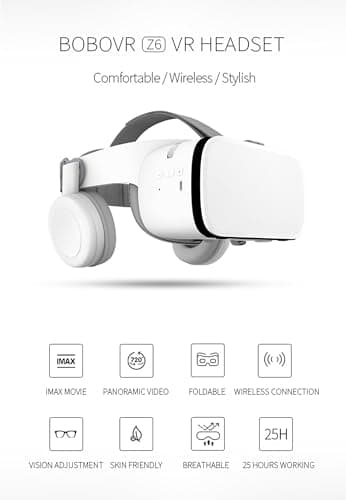 VR Headset for Phone, Virtual Reality Glasses with Bluetooth Headphones for Adults and Kids Play 3D VR Games Movies (White VR Only)