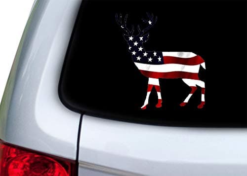 Rogue River Tactical Deer Hunter Buck Decal Silhouette American Flag USA Large 5x5 Inch Patriotic Auto Bumper Sticker Vinyl Car Truck RV SUV Boat Window Hunting