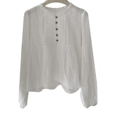 UICIOP Korean Version of Women's Shirt, Women's Sweet Round Neck Pleated Small lace top, Women's Long Sleeved Shirt top