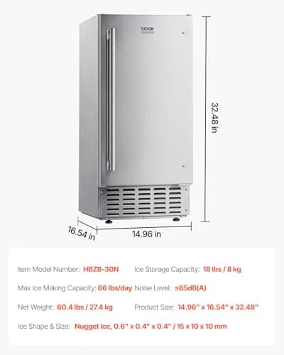 VEVOR Under Counter Ice Maker, 66 Lbs/Day Under Counter Stainless Steel Nugget Ice Makers Machine with Drain Pump, Reversible Door, 18 Lbs Storage, Freestanding Ice Maker for Commercial Home Kitchen