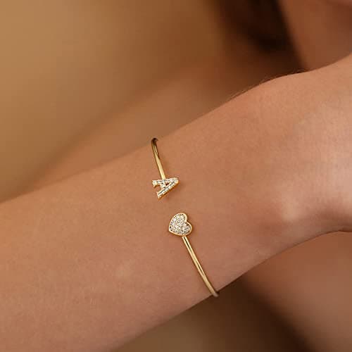 Adjustable Open Cuff Bracelet, Dainty Letter Jewelry, Daughter Sister Bridesmaid Friend, Birthday Christmas Graduation Gift Gold Bracelets for Women Teen Girls, 14K Gold Plated Initial Heart Bangle B0BN2VW1K4