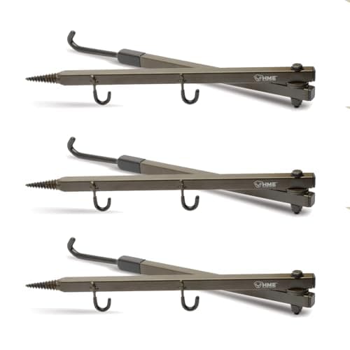 HME Durable Secure Convenient Portable Folding Tree Stand Bow Hanger w/Two Accessory Hooks - Extends to 20", Folds to 10", 3 Pack