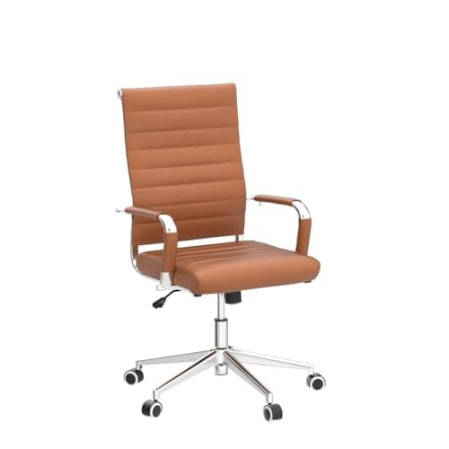 Okeysen Office Desk Chair, Ergonomic Leather Modern Conference Room Chairs, Executive Ribbed Height Adjustable Swivel Rolling Chair for Home Office. (Brown)