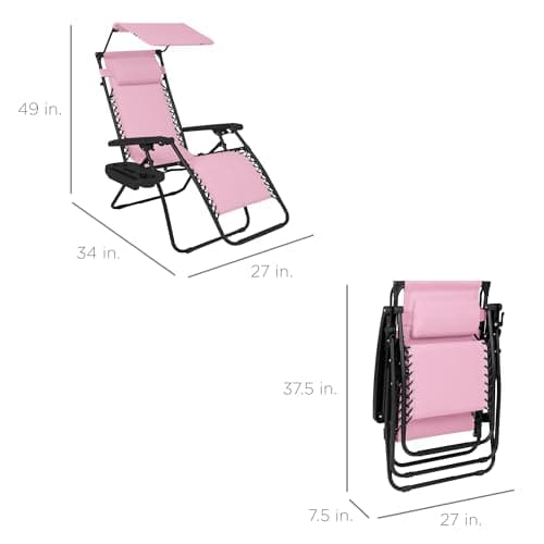 Best Choice Products Folding Zero Gravity Outdoor Recliner Patio Lounge Chair w/Adjustable Canopy Shade, Headrest, Side Accessory Tray, Textilene Mesh - Bubblegum Pink