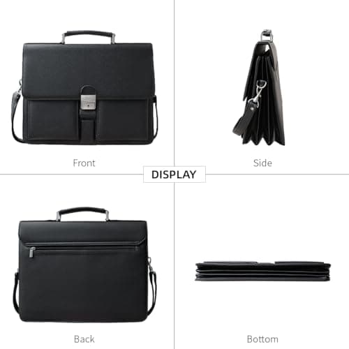 Mens Leather Briefcases Office Attorney Attache Case Ideal Gift Messenger Bag w/Padded Compartment,Black