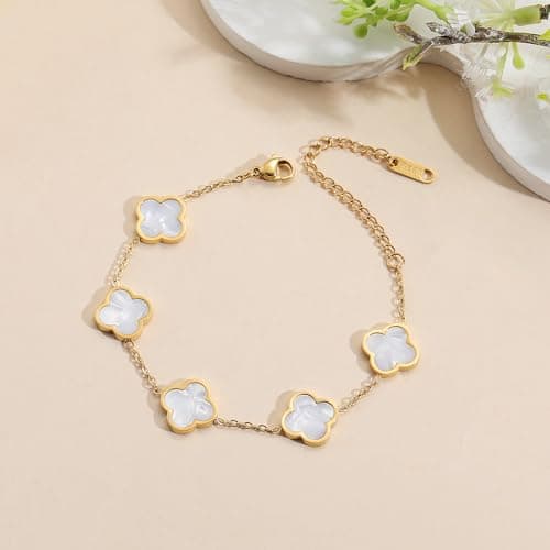 18K Gold Plated Clover Lucky Bracelet for Women White/Black/Red/Green Flower Four Leaf Link Bracelets Trendy Jewelry Gifts for Women
