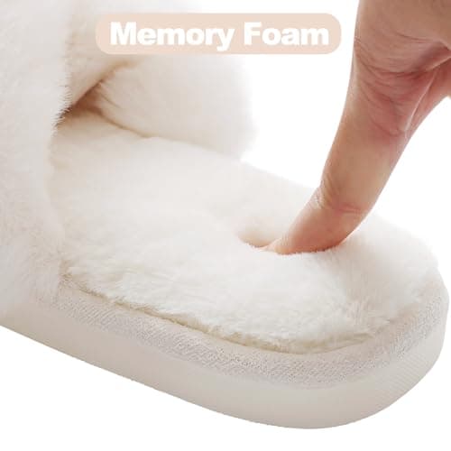 Evshine Women's Fuzzy Slippers Cross Band Memory Foam House Slippers Open Toe