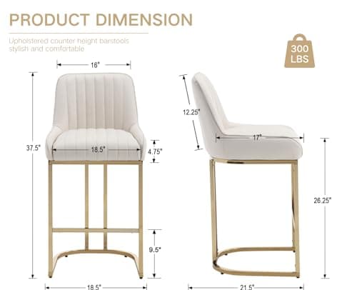 CIMOTA Counter Height Bar Stools Set of 2 with Back Modern Kitchen Counter Stools with Gold Legs Leather Island Chairs Comfy Stripe Barstools for Breakfast Bar, 26 Inch/PU Beige
