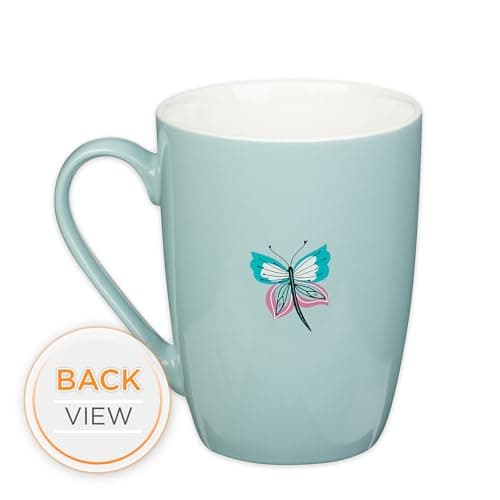 Christian Art Gifts Inspirational Microwave/Dishwasher Safe Ceramic Coffee & Tea Scripture Mug for Women: All Things Through Christ Encouraging Bible Verse, Cute Butterflies, Light Blue/White, 12 oz.