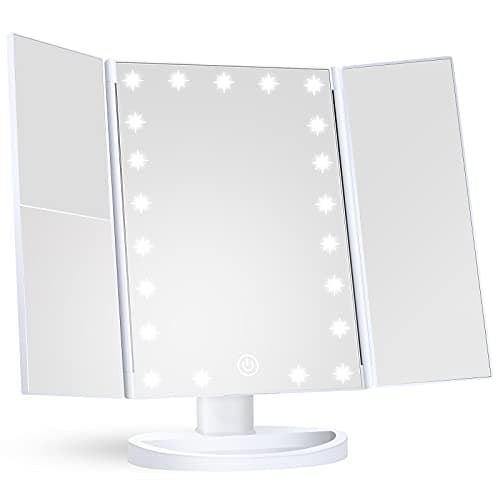 HUONUL Makeup Mirror Vanity Mirror with Lights, 2X, 3X, 10X Magnification, Touch Control, Trifold, White, 9.4" L x 13.4" W, Modern Style, Dresser Mount, Bathroom
