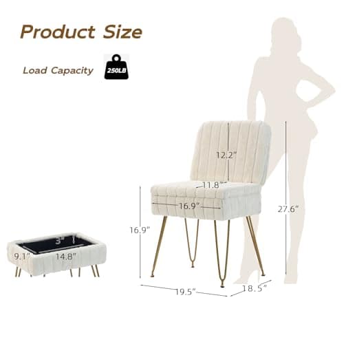 Vanity Chair with Storage, Comfy Ottoman with Folding Back, Faux Fur Vanity Stool with 4 Metal Legs for Make Up, Furry Padded Seat with Anti-Slip Feet for Bedroom Dressing Room