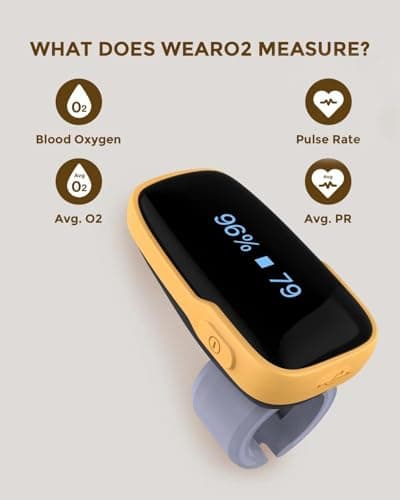 Vibeat Pulse Oximeter for 12 Hours Continuous Tracking, WearO2 Bluetooth Finger Oxygen Monitor, Notification of Low O2, Wearable Ring Blood Oxygen Meter, Free App & PDF Report