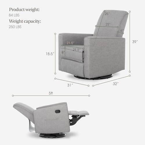 Evolur Raleigh Upholstered Manual Glider Recliner– Rocking & 360° Swivel with Smooth Glide – Greenguard Gold & FSC Certified – Modern Nursery and Living Room Chair in Light Grey