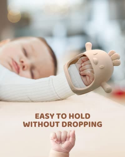 2 Pack Baby Teething Toy Silicone Teething Mitten for Babies Over 3 Months Anti Dropping Wrist Hand Teethers Baby Chew Toys for Sucking Needs, BPA Free (Pink & Caramel)