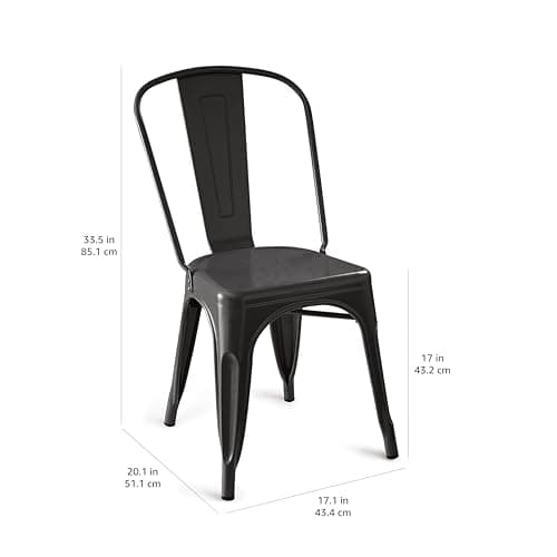 Amazon Basics Metal Dining Chairs, Easy to Assemble, Indoor/Outdoor, Stackable, Matte Black, 4-Pack