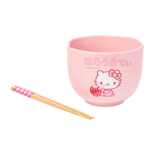 Silver Buffalo Sanrio Hello Kitty Strawberry Milk Japanese Character Ceramic Ramen Noodle Rice Bowl with Chopsticks, Microwave Safe, Pink, 20 Ounces