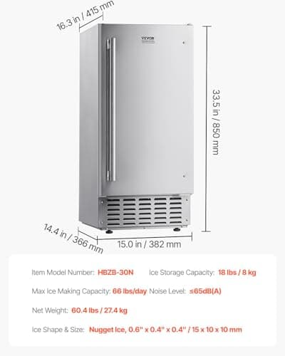 VEVOR Undercounter Built-in Ice Maker, 66 Lbs/Day Under Counter Nugget Ice Maker Machine with Reversible Door, Stainless Steel Freestanding Ice Maker for Commercial Home Kitchen, Electric Drainage