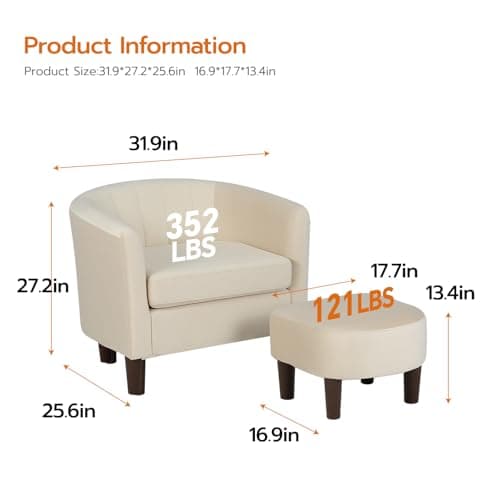 FDW Velvet Barrel Accent Chair with Ottoman, Modern Armchair with Ottoman Set, Comfortable Reading Chair for Living Room, Bedroom & Apartment Lounge, Beige