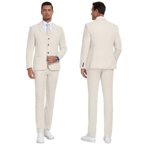 Retro Linen Mens Suit 3 Pieces Light Weight Casual Linen Summer Slim Fit Suits Tuxedo Jacket Blazer Vest Pant for Men