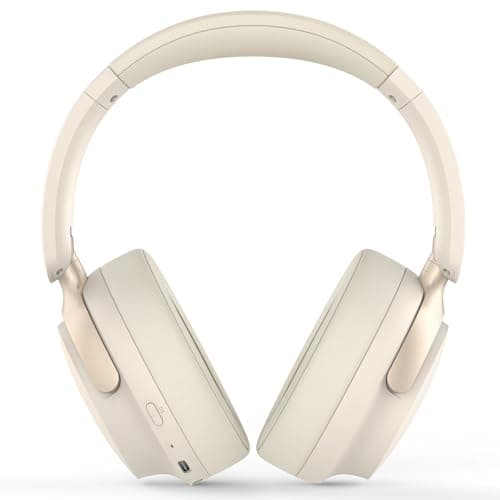 RORSOU B8 Bluetooth Headphones Over Ear, 6 EQ Music Modes and 50H Playtime Deep Bass Wireless Headphones with Mic, Lightweight Folding HiFi Stereo Headset for iPad/Travel/Tablet/PC/Home Beige White
