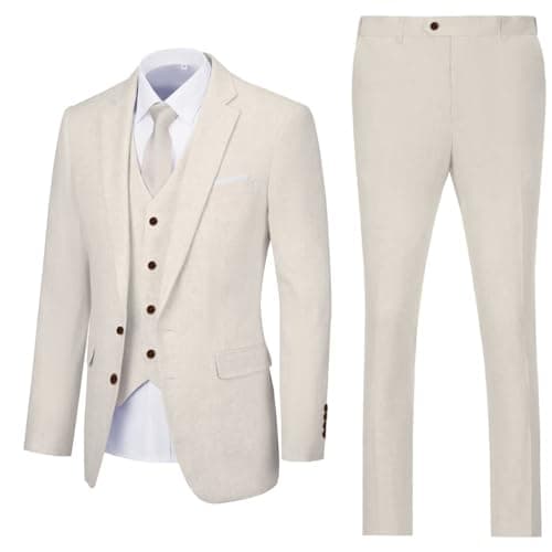 Retro Linen Mens Suit 3 Pieces Light Weight Casual Linen Summer Slim Fit Suits Tuxedo Jacket Blazer Vest Pant for Men