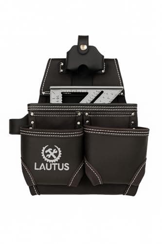 LAUTUS Oil Tanned Leather Tool Pouch Bag with Tape Measure Holder |Brown |Carpenter, Construction, Framers, Handyman | Construction Grade Leather|