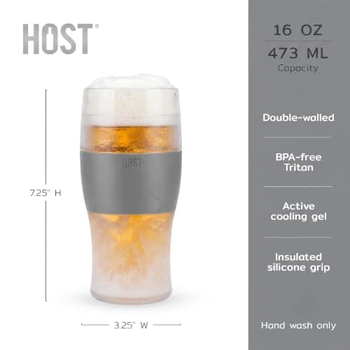 Host Freeze Beer Glasses, Freezable Beer Gifts for Men, Double Wall Insulated Pint Set, Tumbler for Cold Drinks, 16, Set of 2, Gray