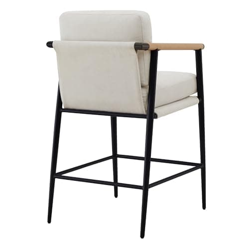 Watson & Whitely Mid Century Modern Barstools Set of 2, 26" H Upholstered Counter Height Bar Stools with Wood Armrests and Metal Legs, Fabric in Beige