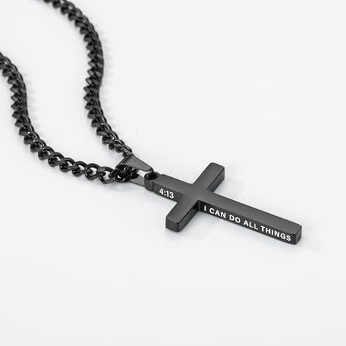 Gnamy Cross Necklace for Men Boys Stainless Steel Bible Verse Cross Pendant with Cuban Link Chain (22+2 Inches) | Christian Religious Jewelry Gifts B0FQHXFGM5