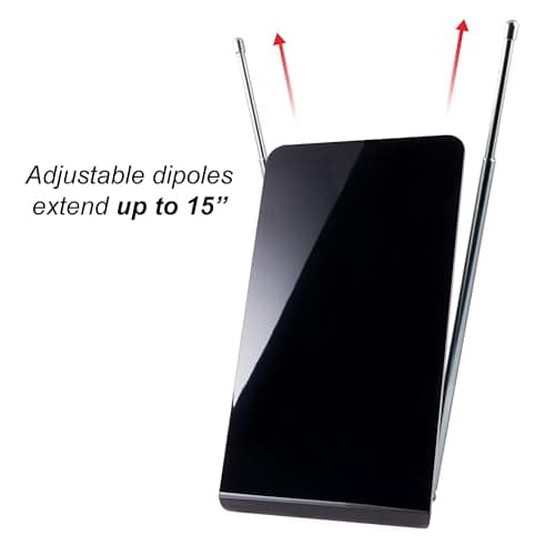 GE Flat Panel Indoor HD Digital TV Antenna, Long Range Smart TV Antenna, Supports 4K 1080P HD Smart TV VHF UHF, Extendable Dipole Rabbit Ears, Adjustable Stand, 5ft Coax HDTV Cable, 33681